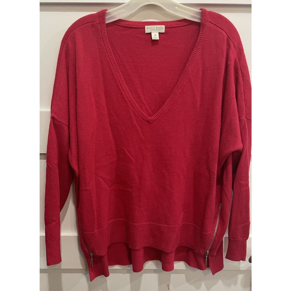Bisou Bisou Women's Size M , Dark Pink V Neck Zipper Accent Hi Low Hem Sweated